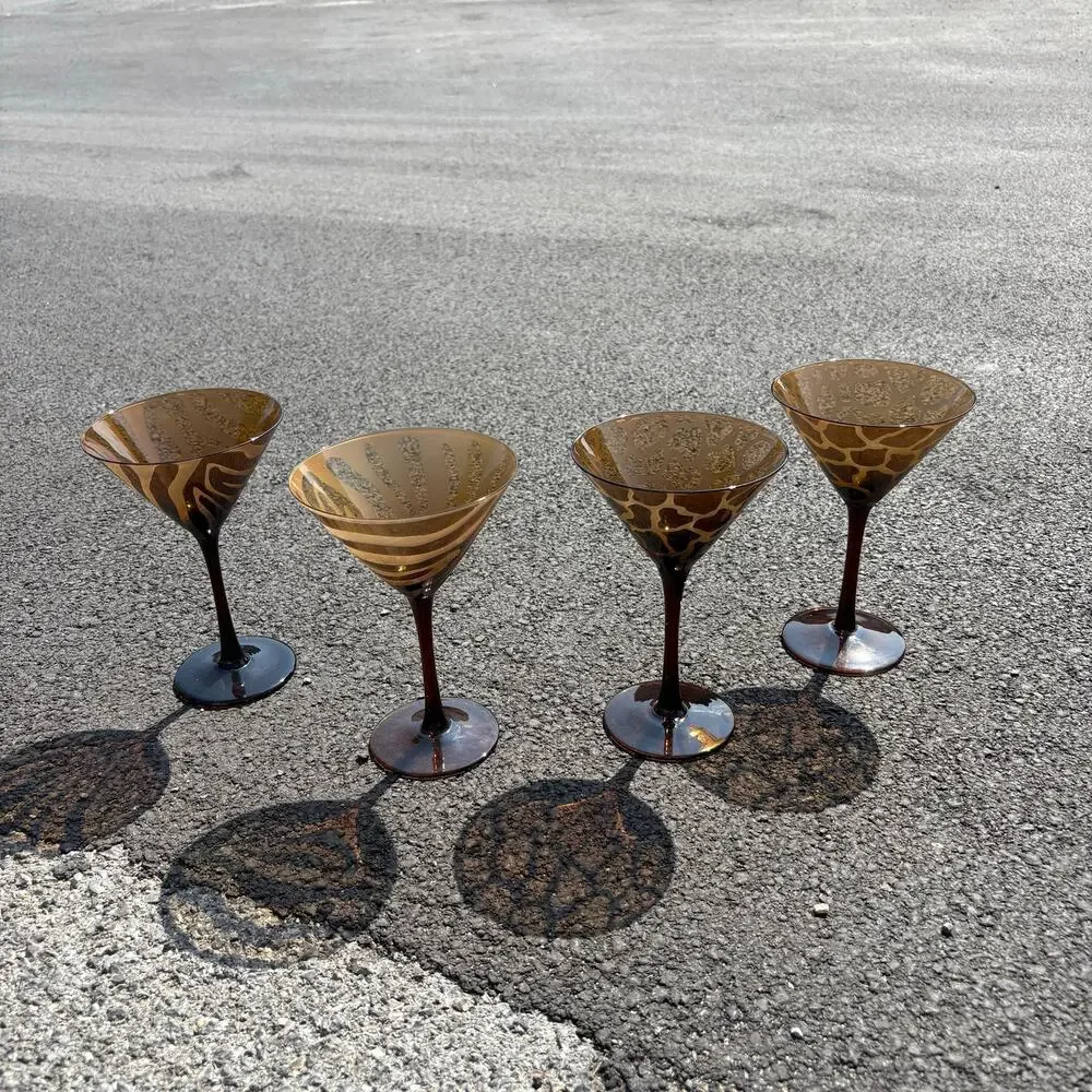 1990’s Blown Glass Brown Tortoise and Zebra Matte Vintage Martini Glasses